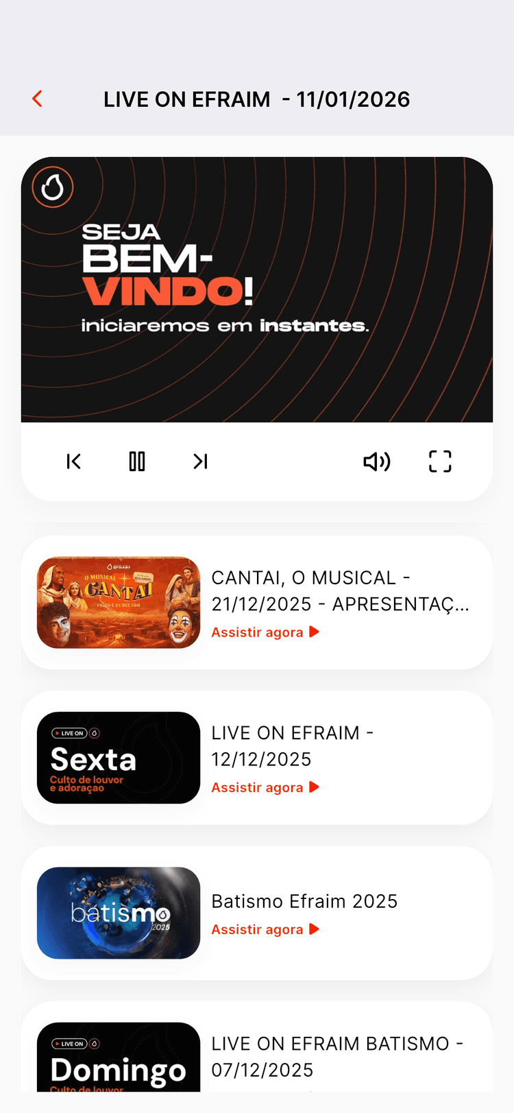 Player de vídeo com cultos e eventos da igreja